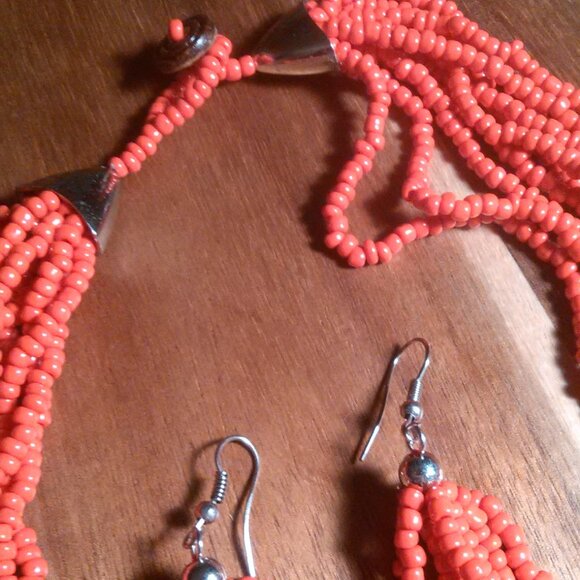 Red Seed Bead and Stainless Steel Multi-Strand Necklace and Dangle Earrings Set - Picture 6 of 11